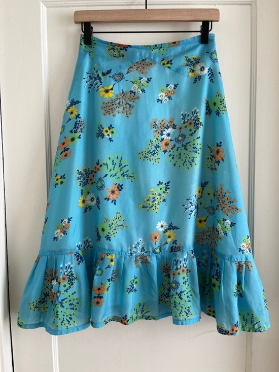 Handmade Dresses & Skirts - Vintage 1970s Handsewn Ruffle Hem Blue Floral Skirt 26” Waist Fully Lined